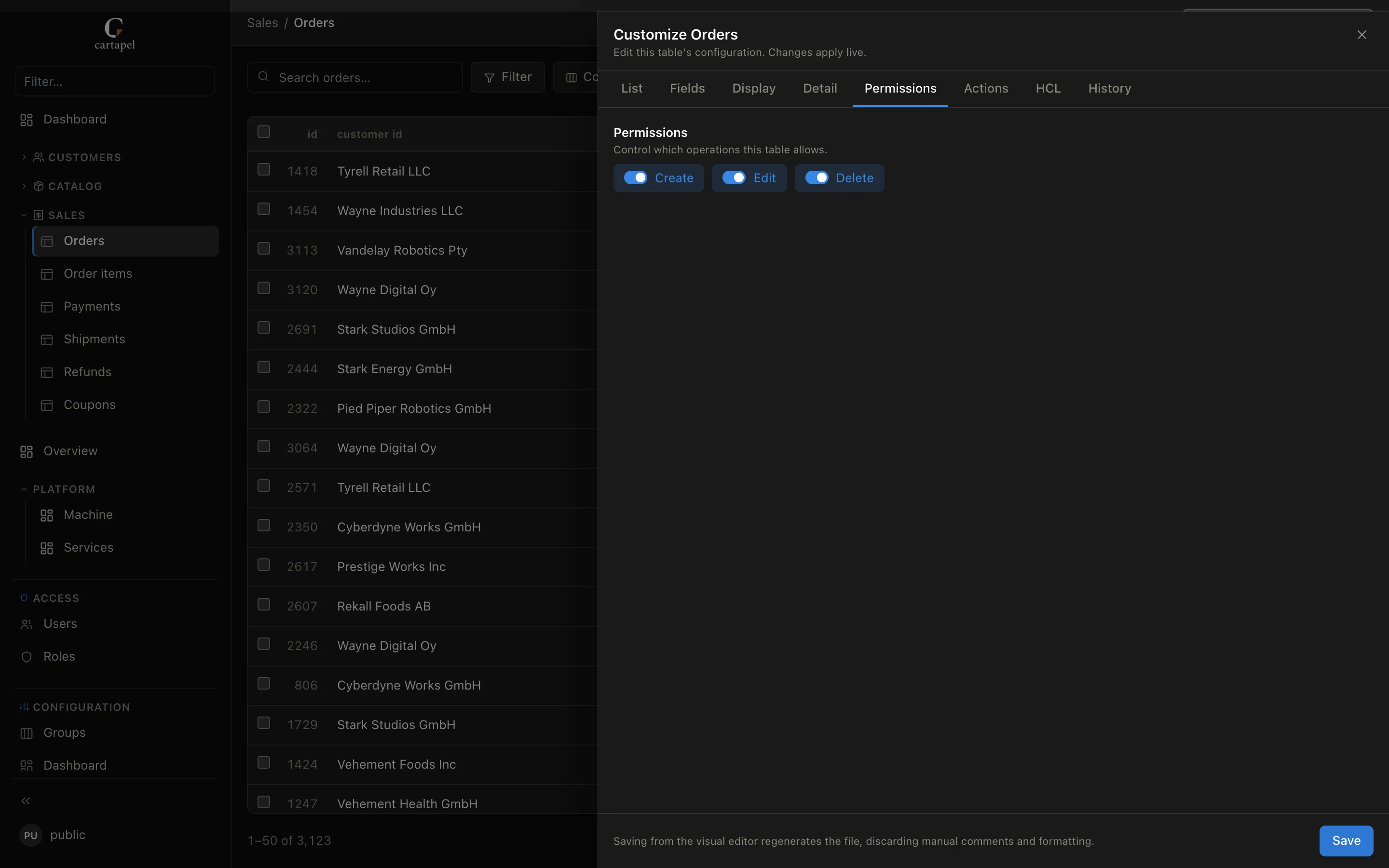 The Permissions tab of the Customize drawer in cartapel, with per-role and per-column rules
