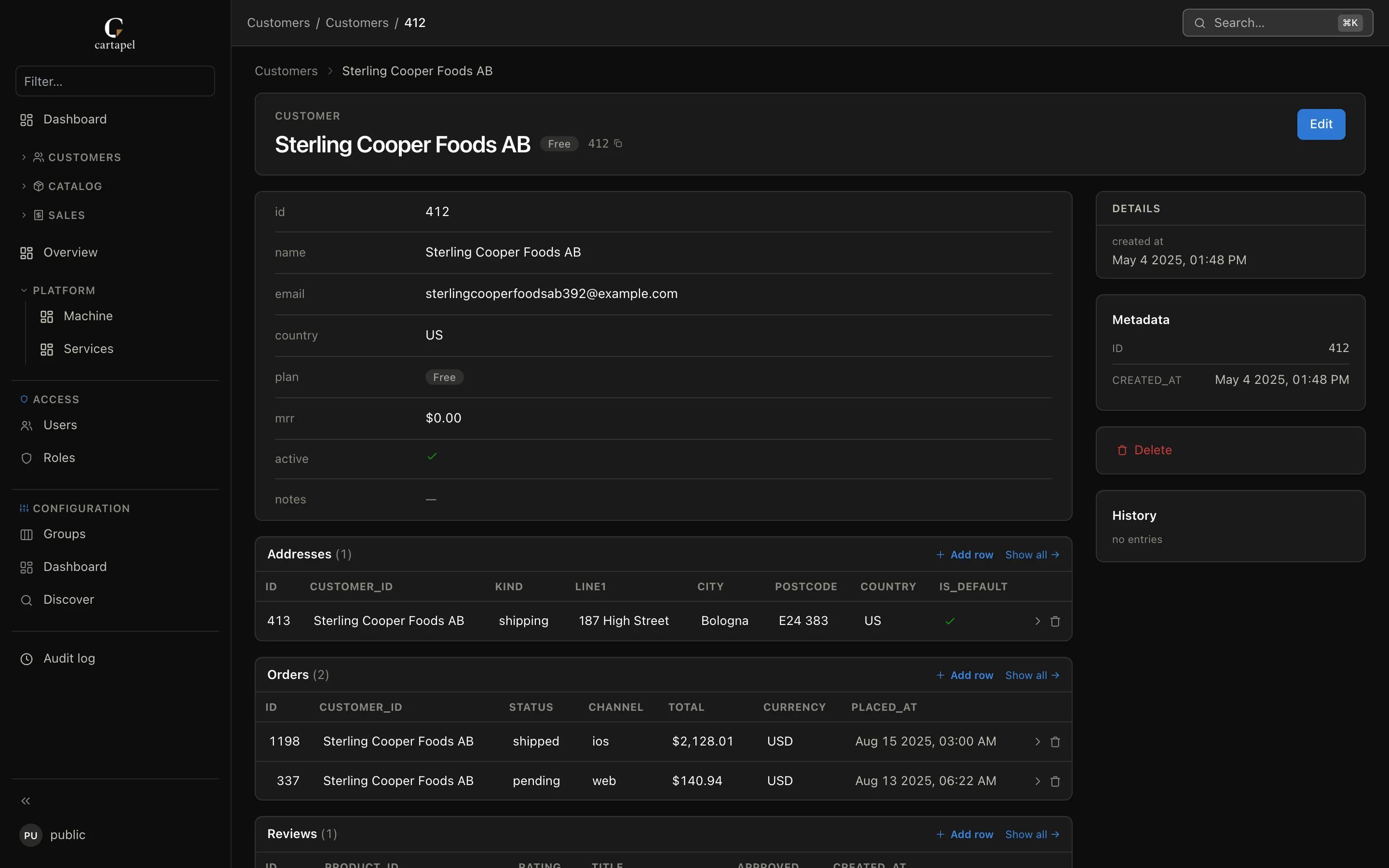 cartapel detail page for a customer, with related addresses, orders and reviews rendered from foreign keys